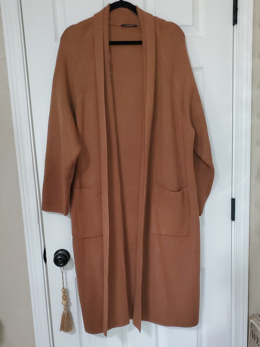 Tahari Camel Open-Front Long Pocket Coatigan
